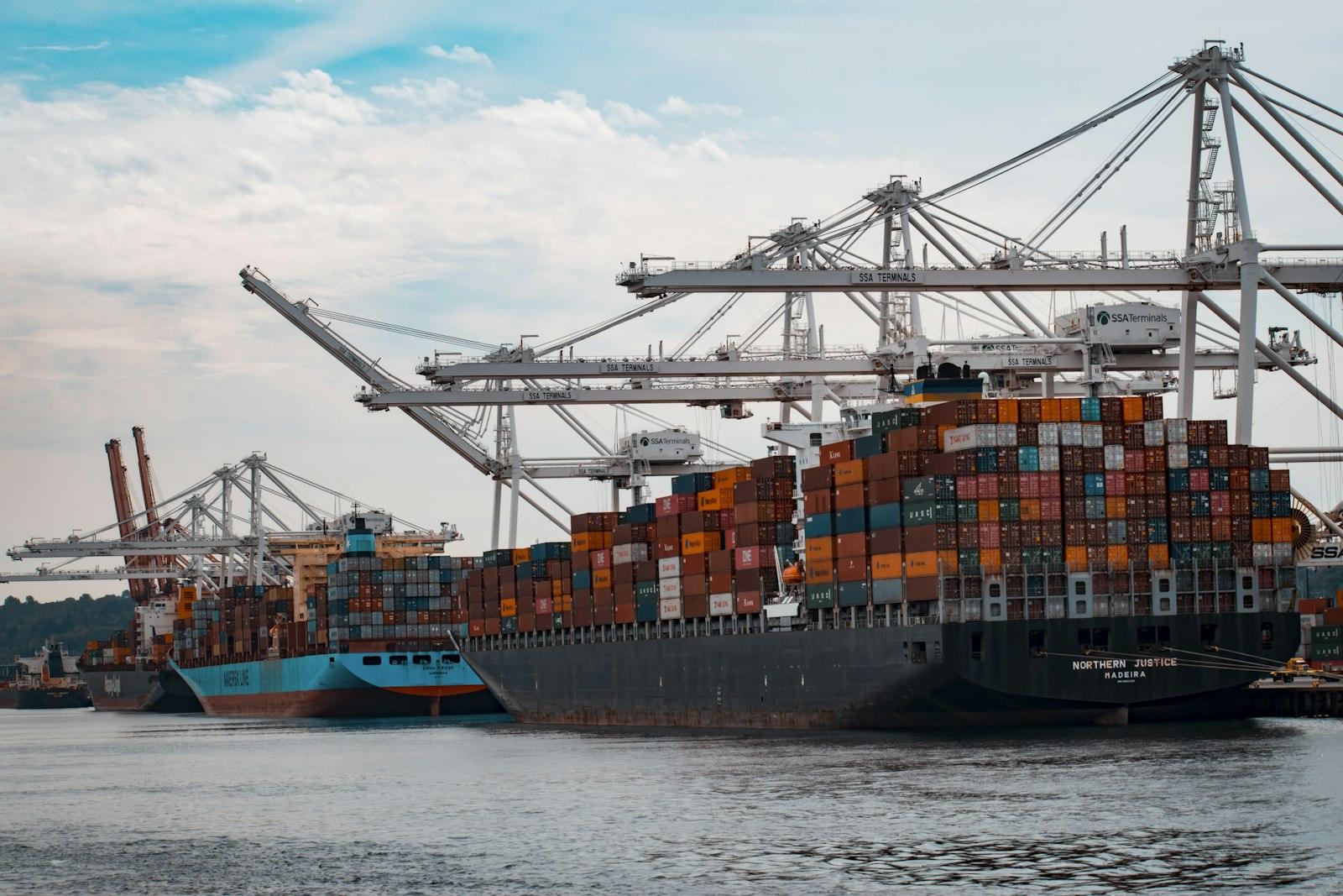 Container vessel being loaded by gantry cranes