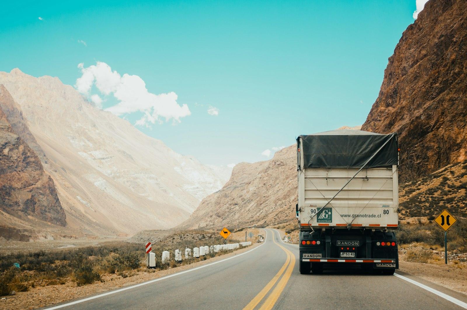 Cargo truck travelling along a mountain highway
